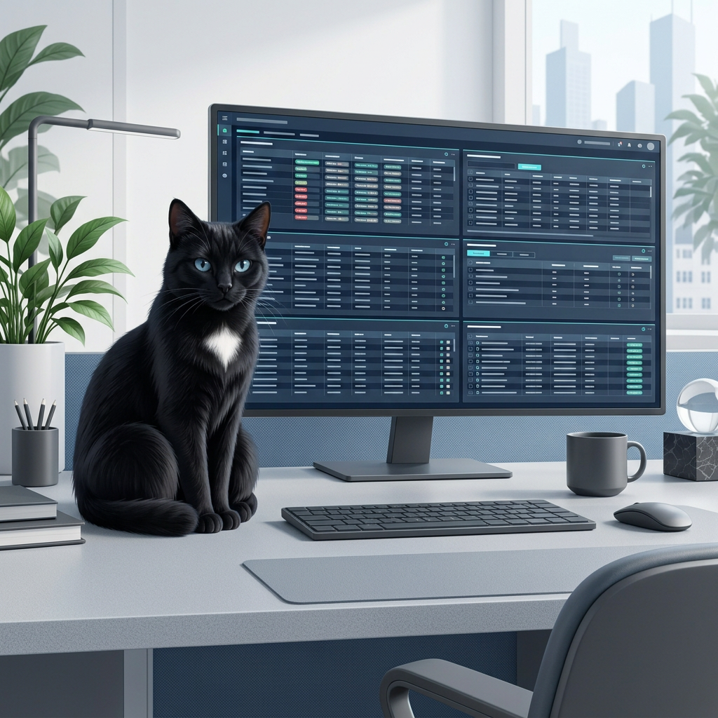 Maja, die schwarze Maskottchen-Katze von MajaDesk, sitzt auf einem Schreibtisch vor einem Monitor mit Dashboard