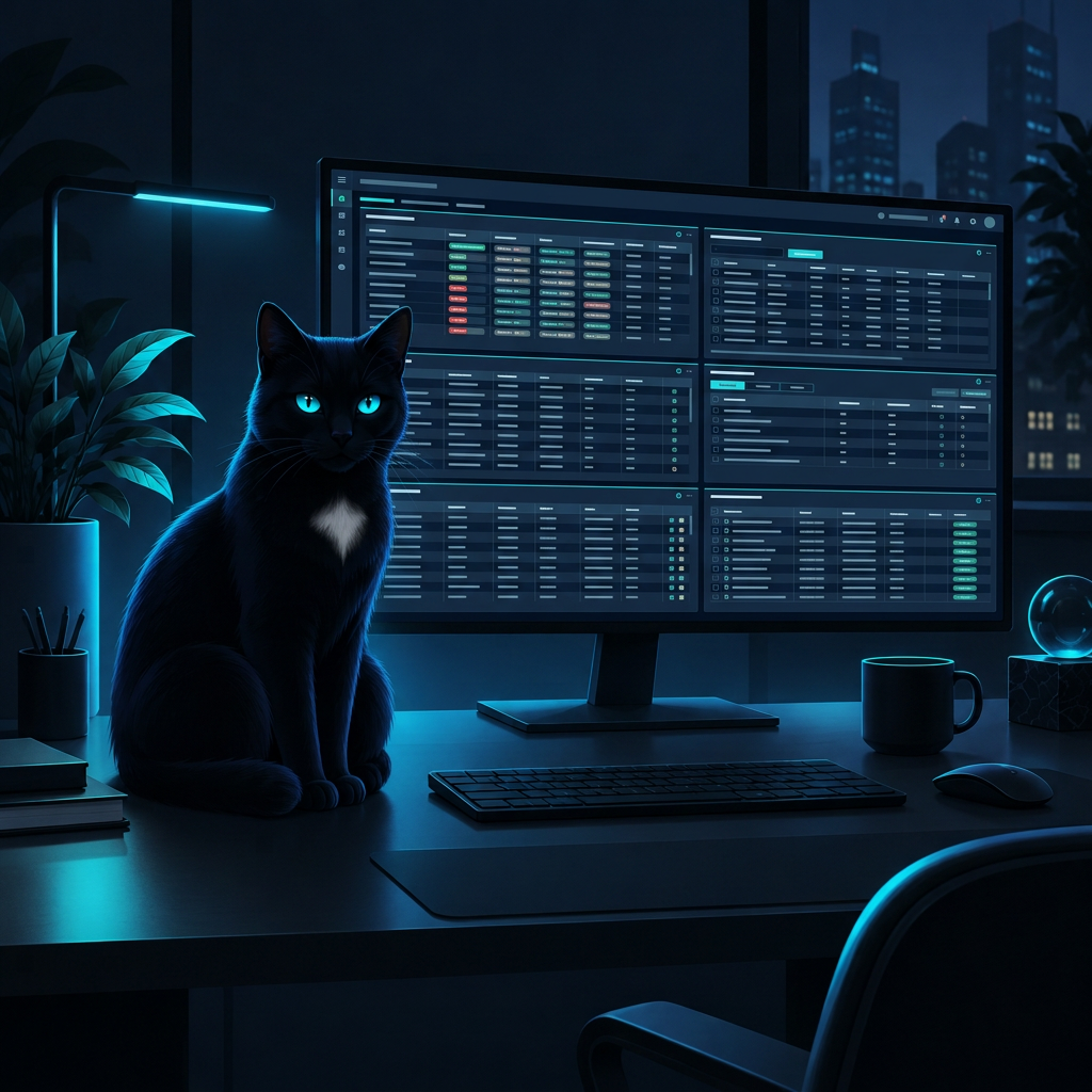 Maja, die schwarze Maskottchen-Katze von MajaDesk, sitzt auf einem Schreibtisch vor einem Monitor mit Dashboard